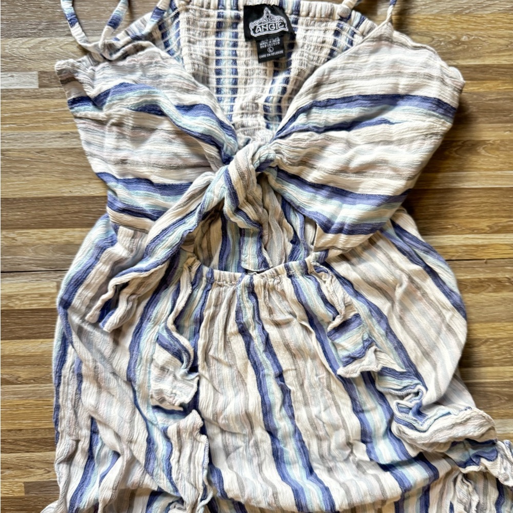 Angie Striped Tie-Front Dress in Beige and Blue